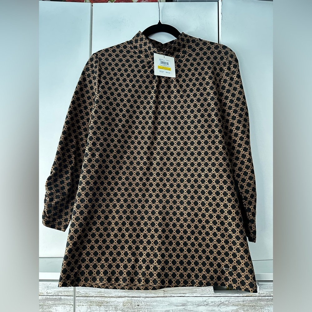 🖤 Anne Klein NWT Black Tan Geometric Print Tunic Top Medium Ruched Sleeves